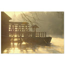 Moored boat beside a wooden river mill in golden morning mist with shimmering water in Prekmurje, Slovenia — BETVA fine art nature poster