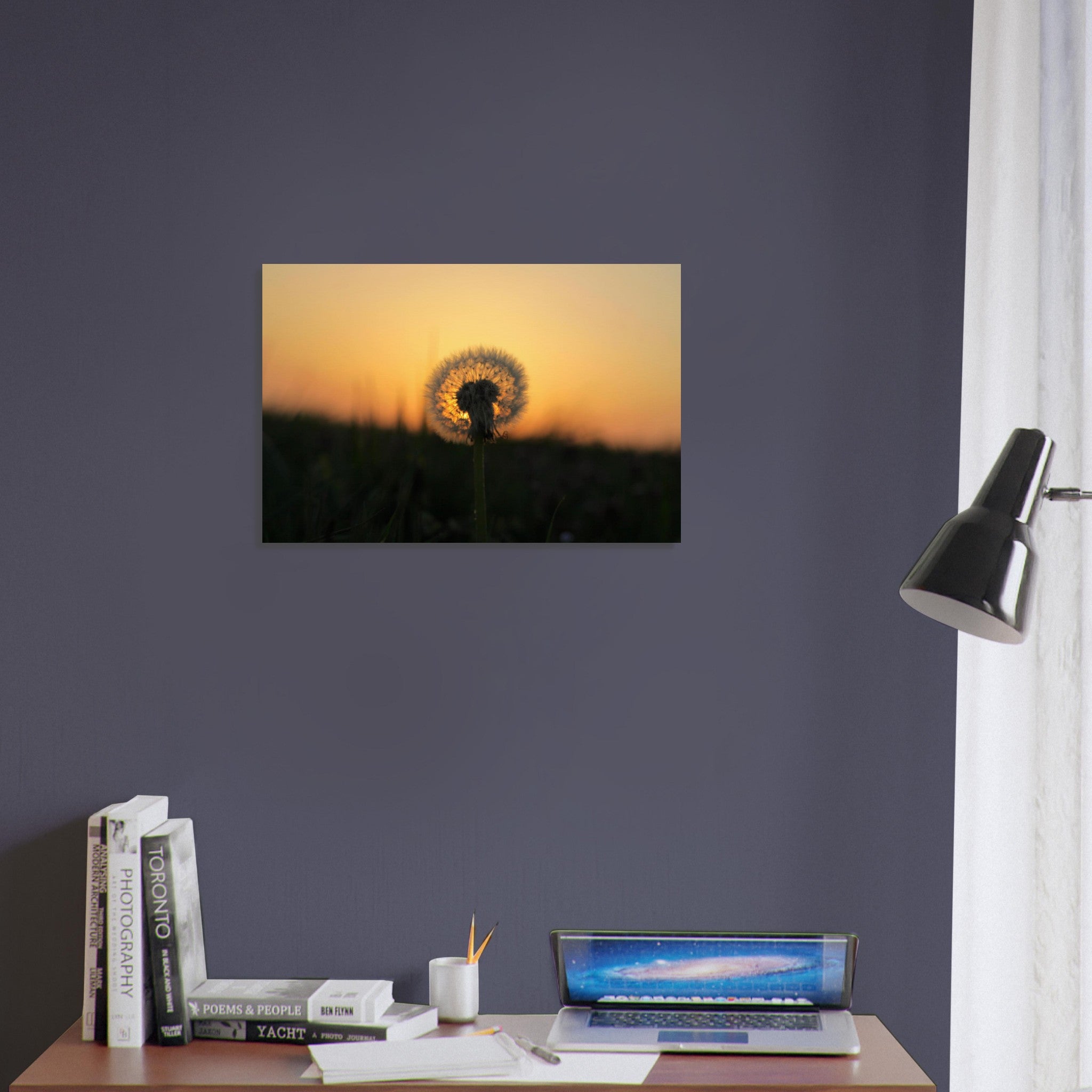 Single dandelion silhouette glowing against a golden sunset sky in Prekmurje, Slovenia — BETVA fine art nature poster