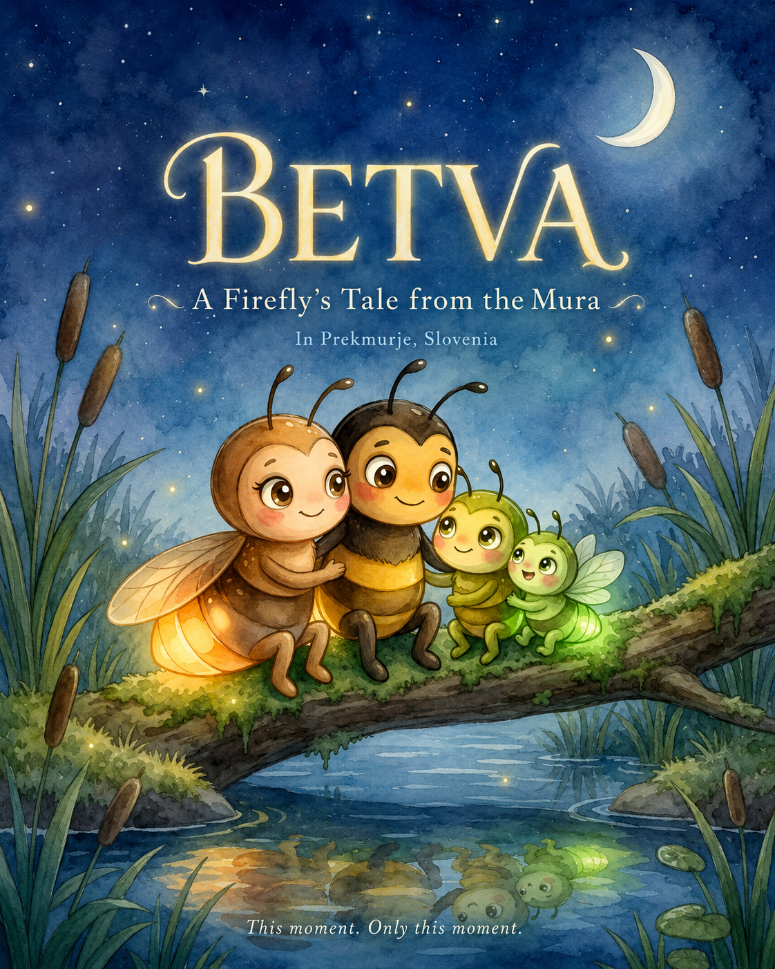 Book cover of BETVA: A Firefly’s Tale from the Mura, showing a firefly family by the river at night in Prekmurje, Slovenia.