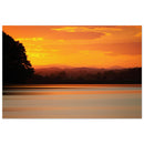 Golden orange sunset over a still lake with layered mountain and hill silhouettes in Prekmurje Slovenia — BETVA fine art nature poster