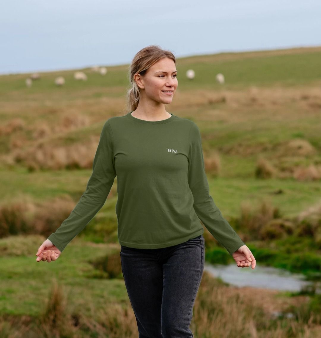 Women's Long Sleeve Tee - BETVA Quiet Elegance White Logo Cotton